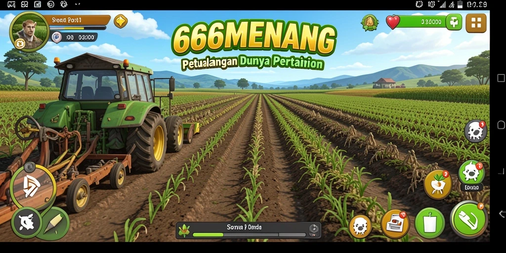 Screenshot 666MENANG menampilkan aktivitas seru bertani di ladang yang hijau.