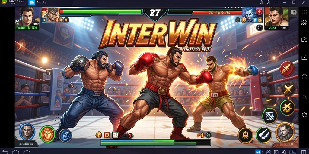 Screenshot INTERWIN menunjukkan pertarungan intens antara karakter dengan efek visual yang menawan.
