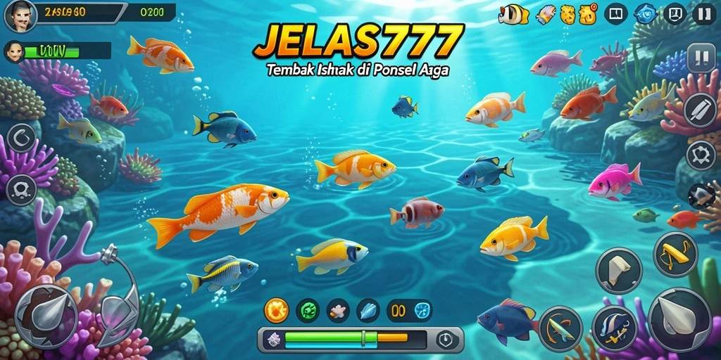 Screenshot gameplay JELAS777 dengan ikan yang beragam dan senjata menembak.