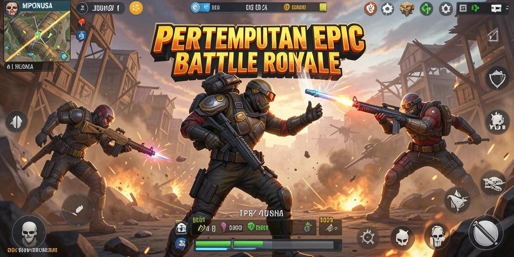 Screenshot gameplay <strong>MPONUSA</strong> menampilkan pertarungan mendebarkan di arena Battle Royale.