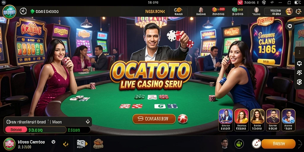 Screenshot gameplay OCATOTO menunjukkan dealer profesional dan suasana kasino yang hidup.