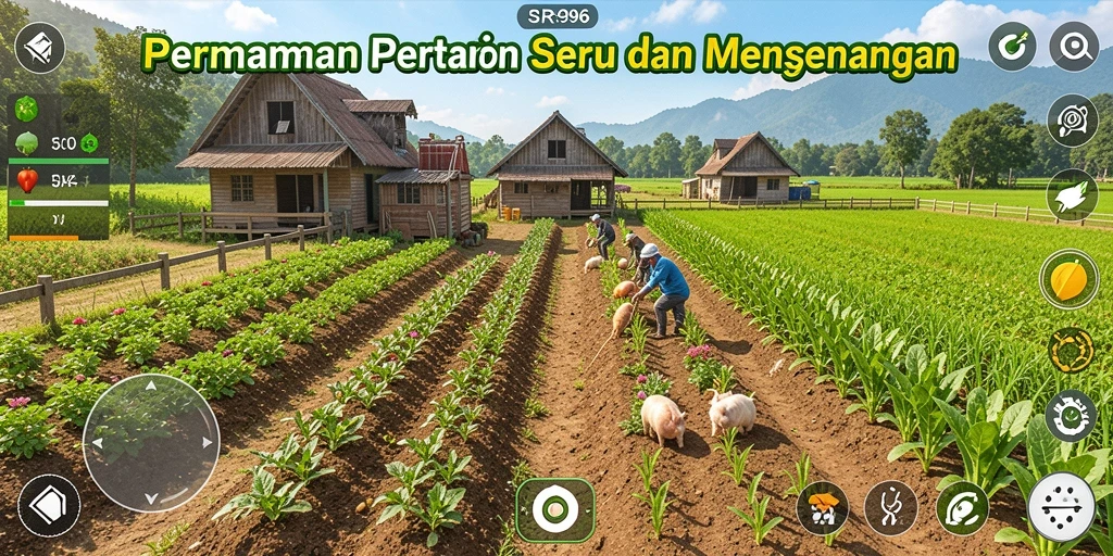 Tampilan gameplay SR996 yang menampilkan ladang pertanian subur.
